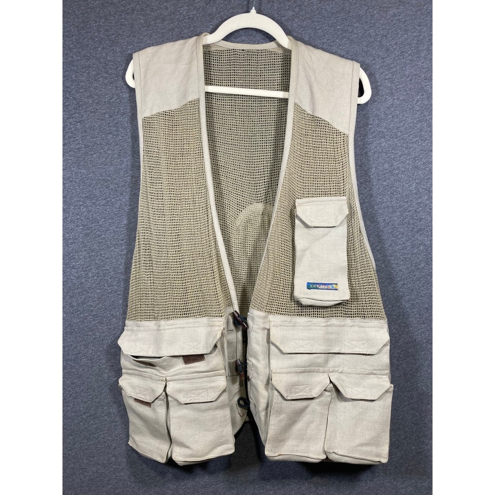 ExOfficio Khaki Mesh Utility Fishing Vest Multi-Pocket Toggle Closure Mens L
